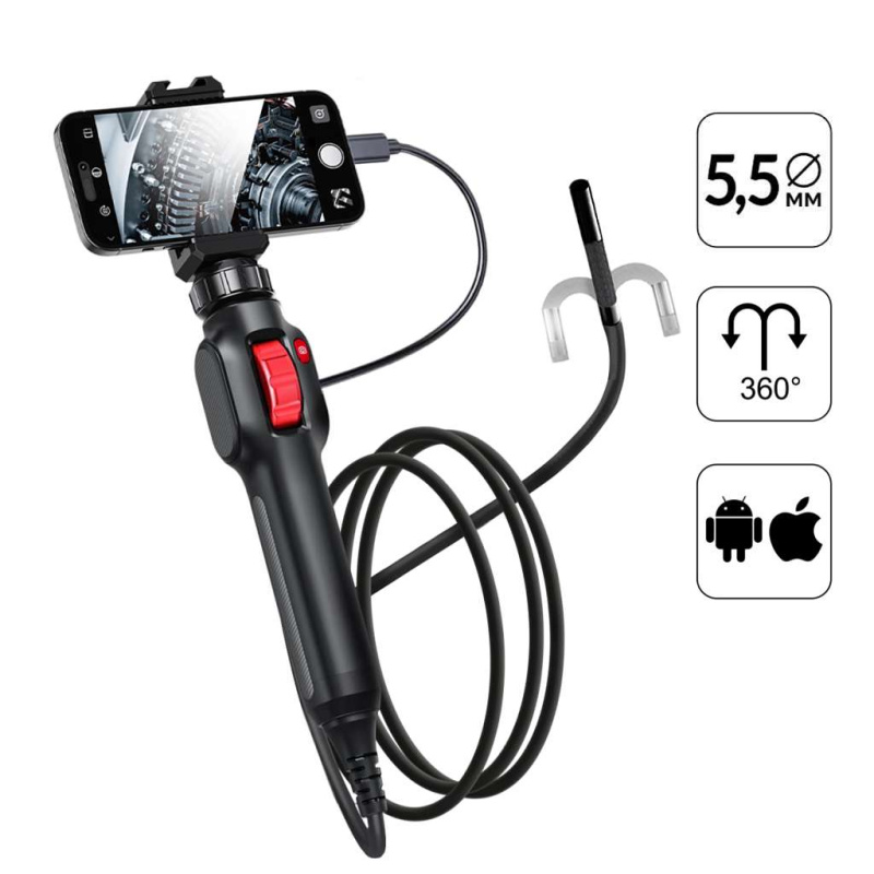 Видеоэндоскоп управляемый USB, 1Мп, 1280x720, 0.8м, 6мм, 360° iCartool IC-V201