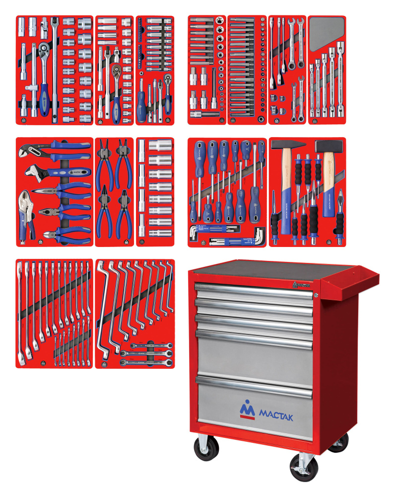 МАСТАК Набор инструментов "ЛИДЕР" в красной тележке, 270 предметов 52-05270R